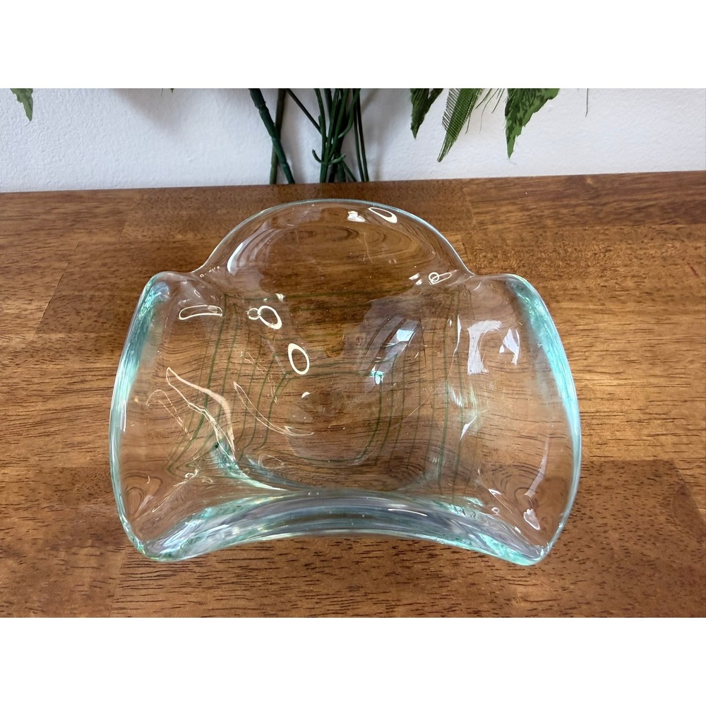 Vintage Hand-Blown Art Glass Bowl Clear with‎ Green Threading Murano Style